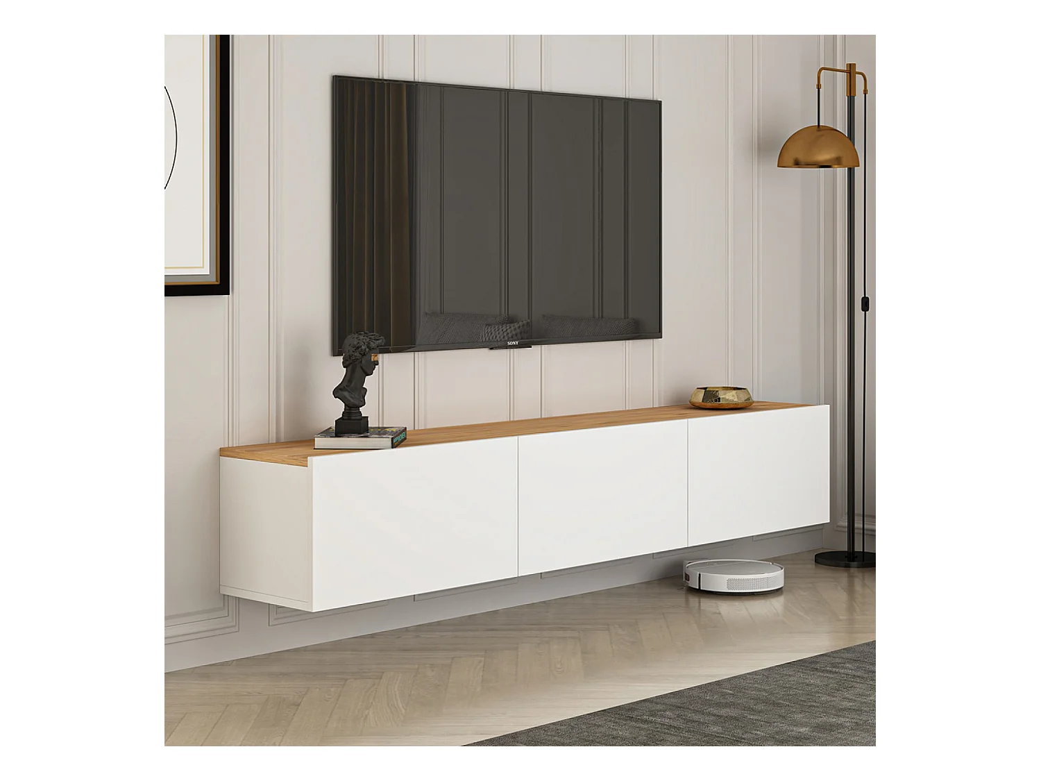 Mueble de TV Colgante 150cm Blanco y Madera con Armarios - Diseño Moderno y Elegante