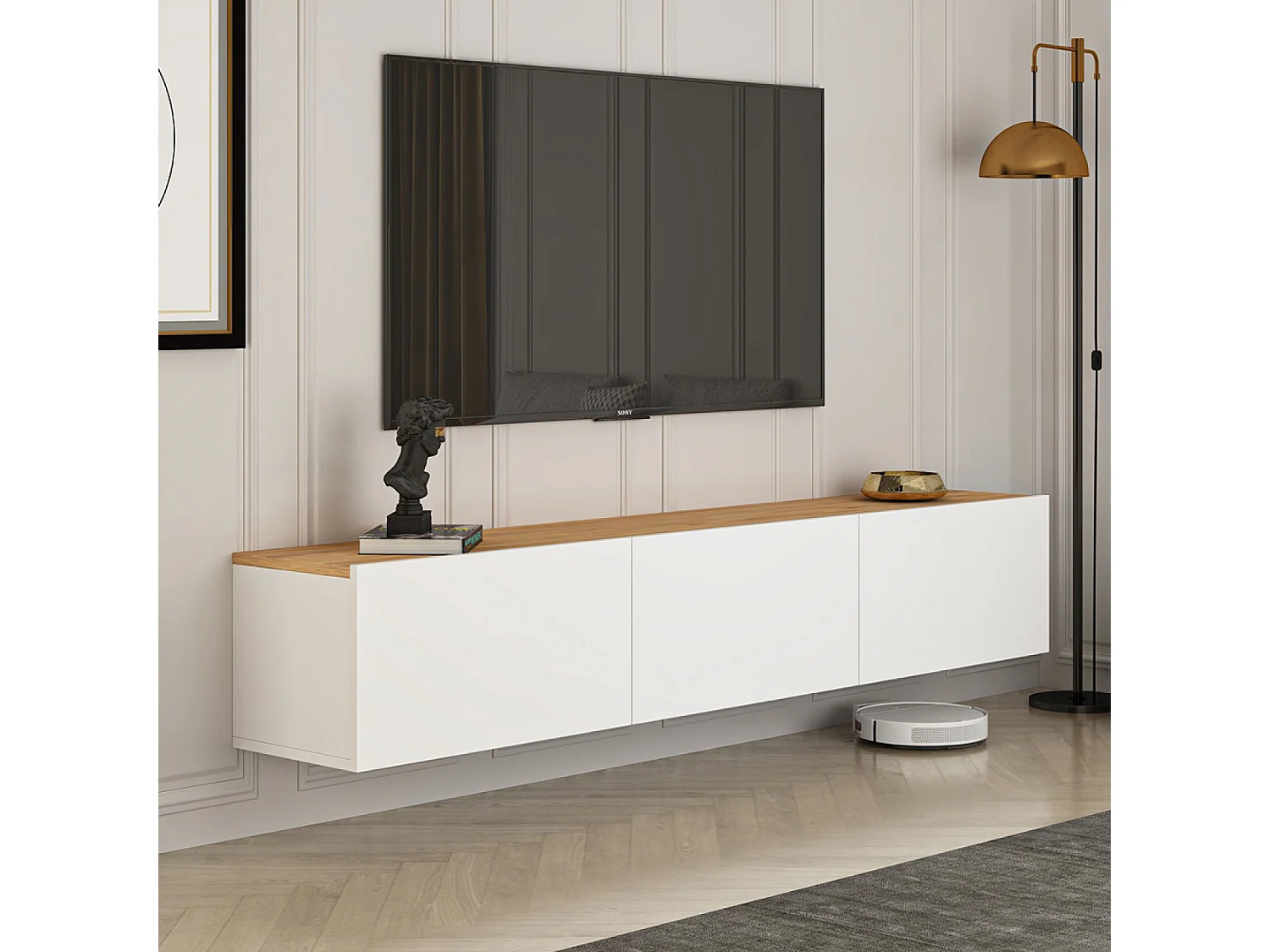 Meuble TV suspendu avec placards 150cm blanc et bois HAL