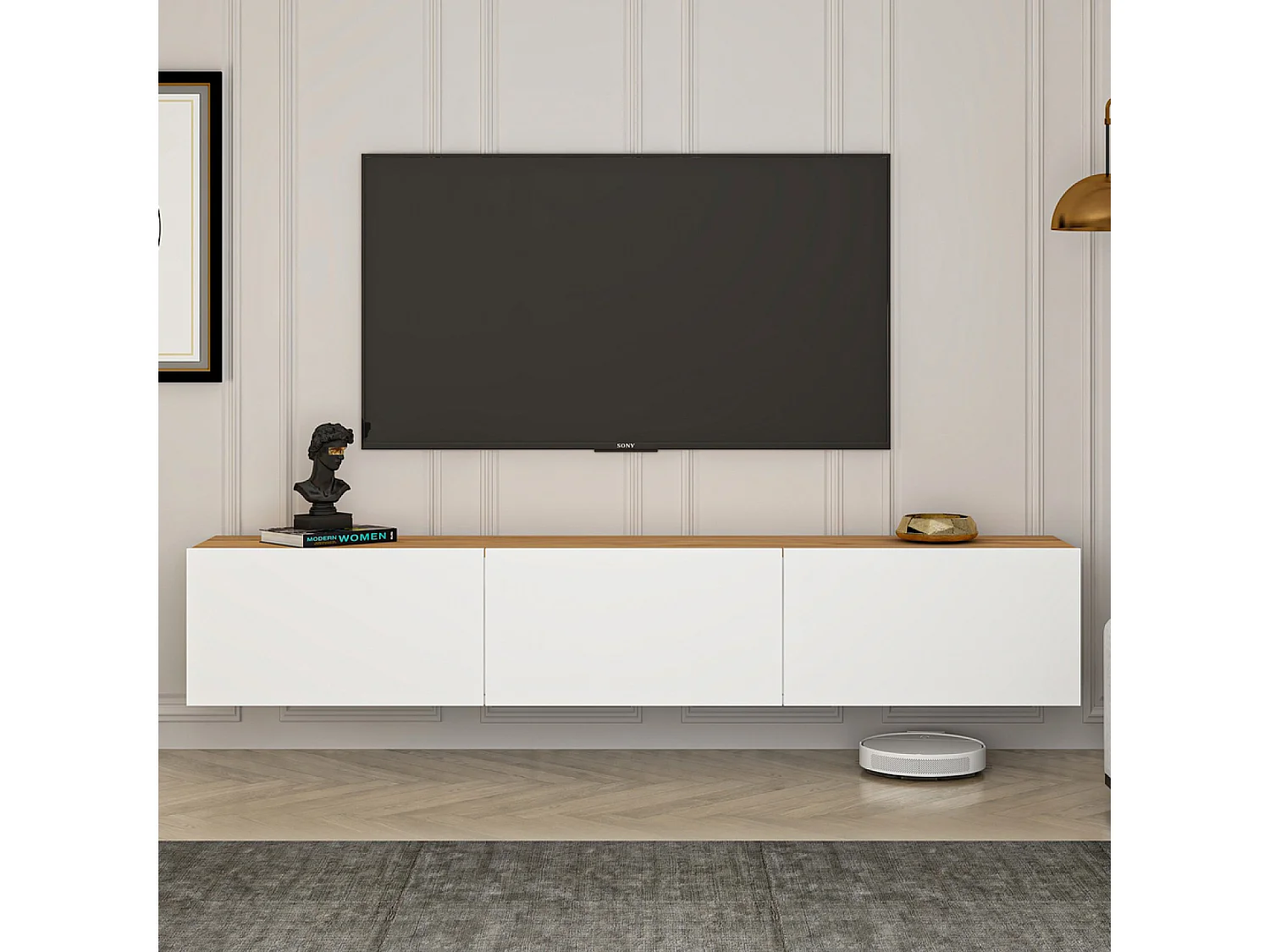 Meuble TV suspendu avec placards 150cm blanc et bois HAL