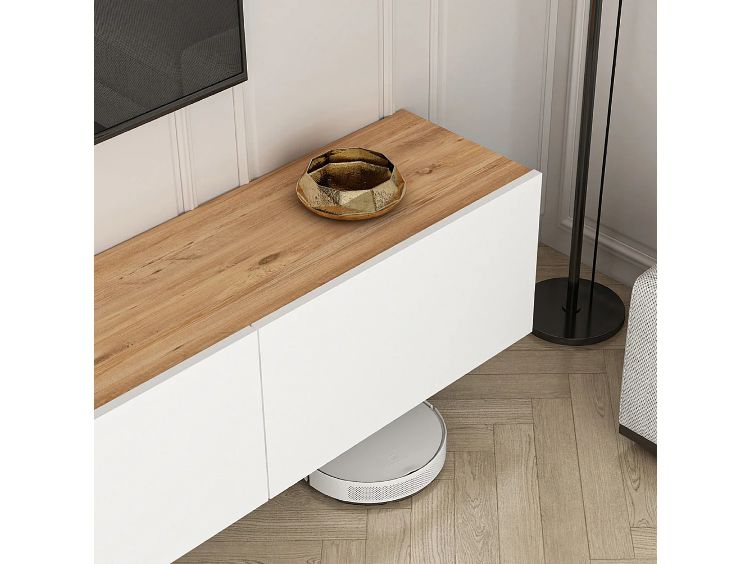 Meuble TV suspendu avec placards 150cm blanc et bois HAL