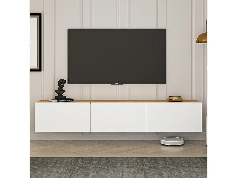 Mobile TV Sospeso 150cm Bianco e Legno con Armadi - Design Moderno e Pulito