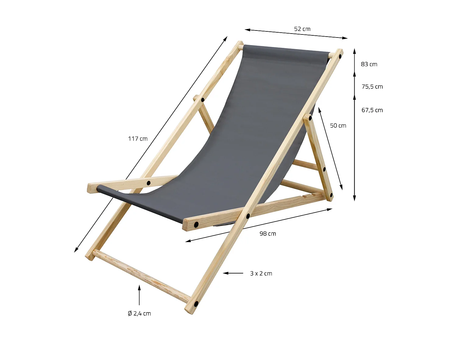 ECD Germany Set 5 sedie a sdraio antracite in legno di pino, regolabile 3 posizioni, prendisole, pieghevoli, fino a 120 kg, esterno spiaggia giardino
