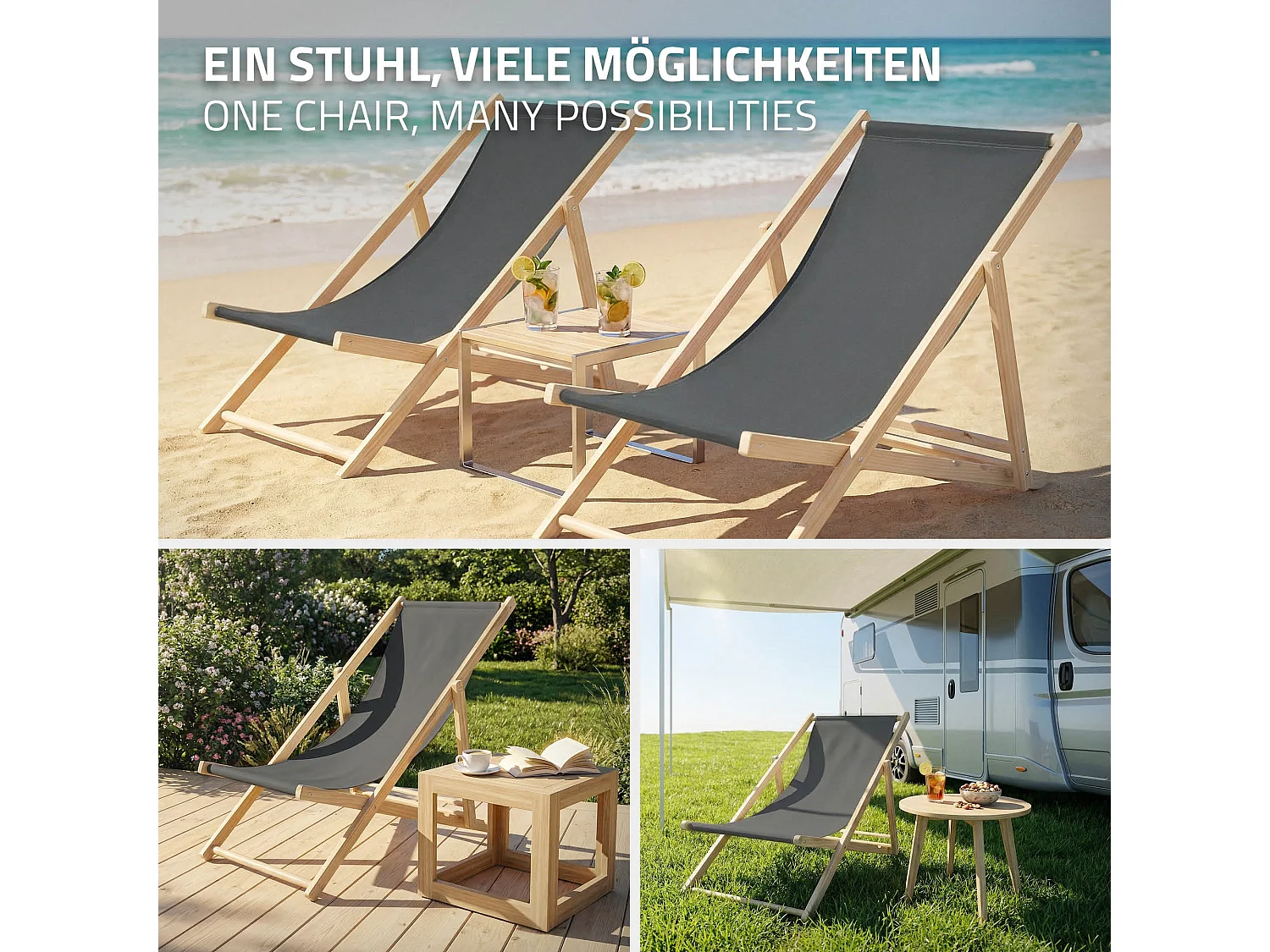 ECD Germany Set 5 sedie a sdraio antracite in legno, regolabile 3 posizioni, prendisole, pieghevoli, fino a 120 kg, esterno spiaggia giardino, balcone