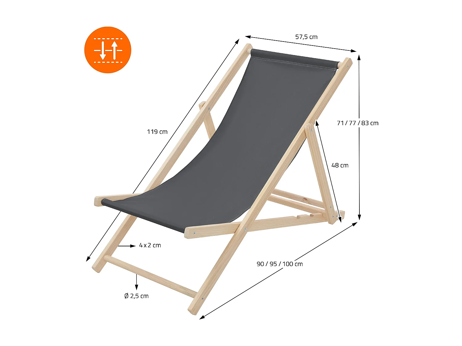 ECD Germany Set 5 sedie a sdraio antracite in legno, regolabile 3 posizioni, prendisole, pieghevoli, fino a 120 kg, esterno spiaggia giardino, balcone