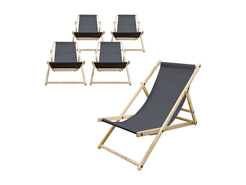 ECD Germany Set 5 sedie a sdraio antracite in legno di pino, regolabile 3 posizioni, prendisole, pieghevoli, fino a 120 kg, esterno spiaggia giardino