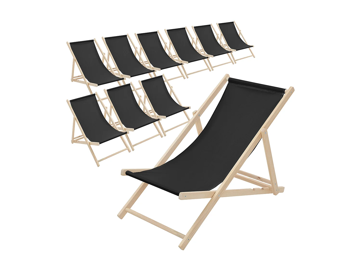 Set 10x Chaise longue de jardin pliable noir en bois chiliennes 3 positions de couchage  jusqu'à 120 kg usage intérieur et extérieur balcon terrasse