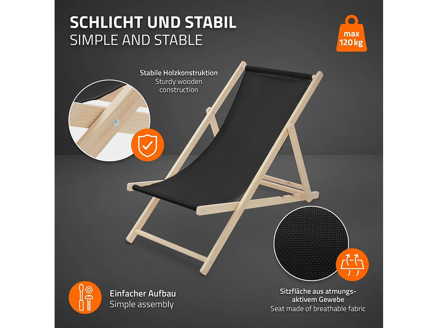 Set 10x Chaise longue de jardin pliable noir en bois chiliennes 3 positions de couchage  jusqu'à 120 kg usage intérieur et extérieur balcon terrasse