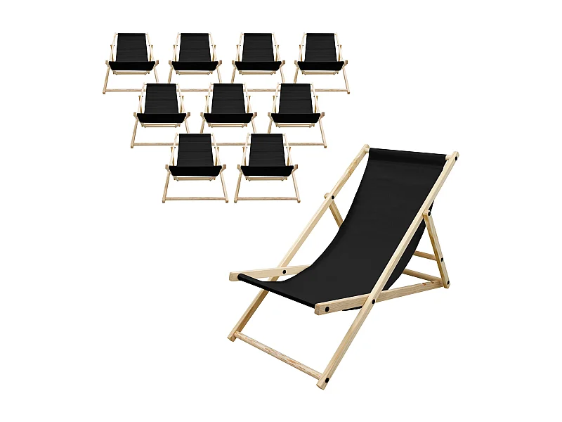 Set 10x Chaise longue de jardin pliable noir en bois chiliennes 3 positions de couchage  jusqu'à 120 kg usage intérieur et extérieur balcon terrasse