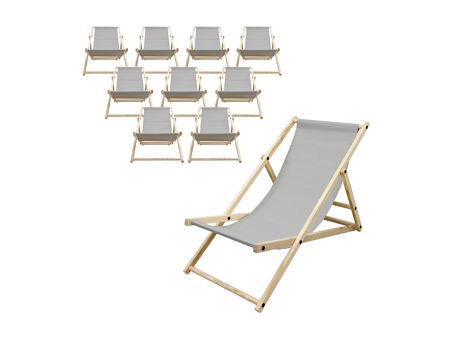 Set 10x Chaise longue de jardin pliable gris clair en bois chiliennes 3 positions de couchage jusqu'à 120 kg usage intérieur extérieur balcon terrasse