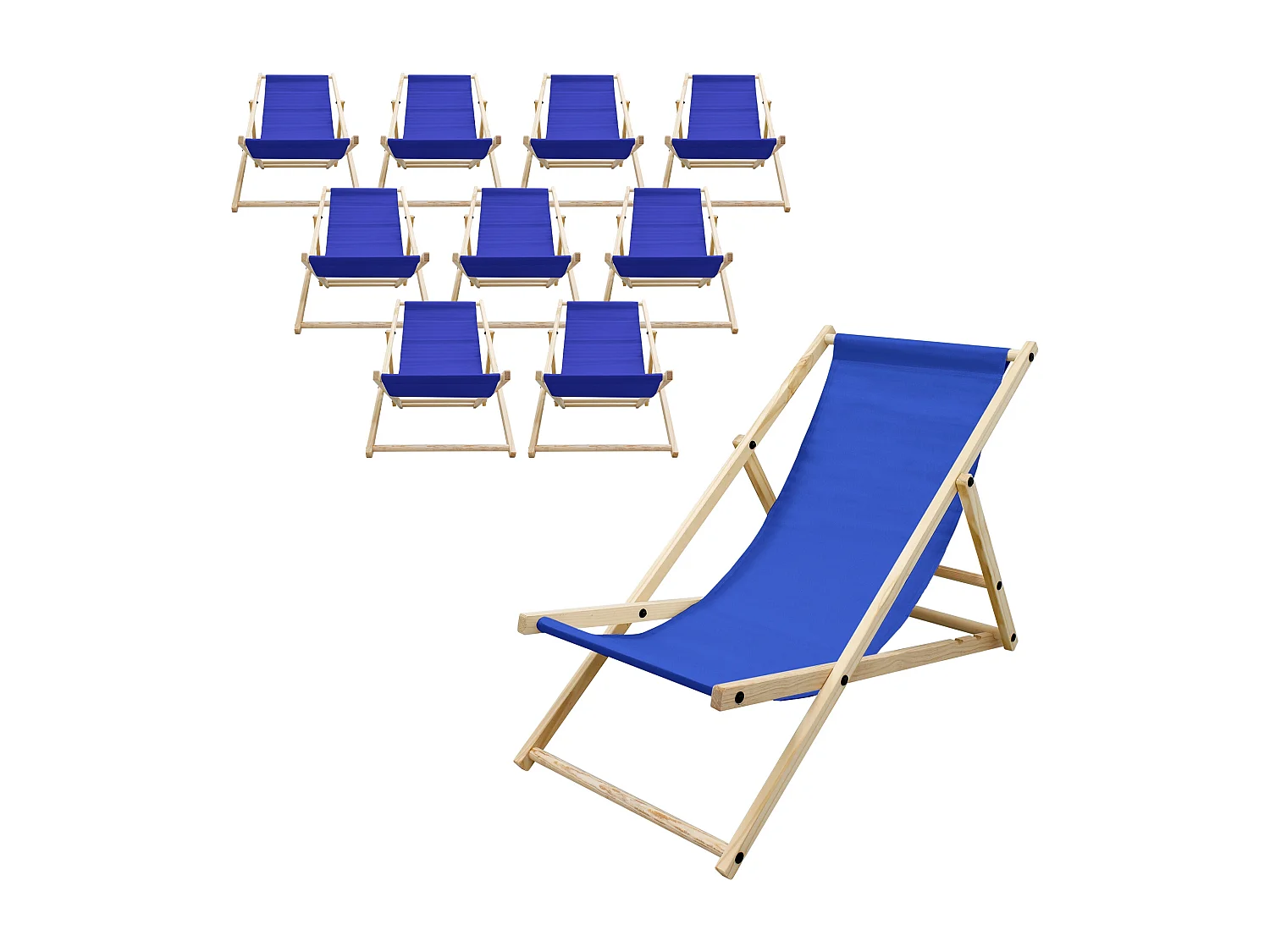 Set 10x Chaise longue de jardin pliable bleue en bois chiliennes 3 positions de couchage  jusqu'à 120 kg usage intérieur et extérieur balcon terrasse