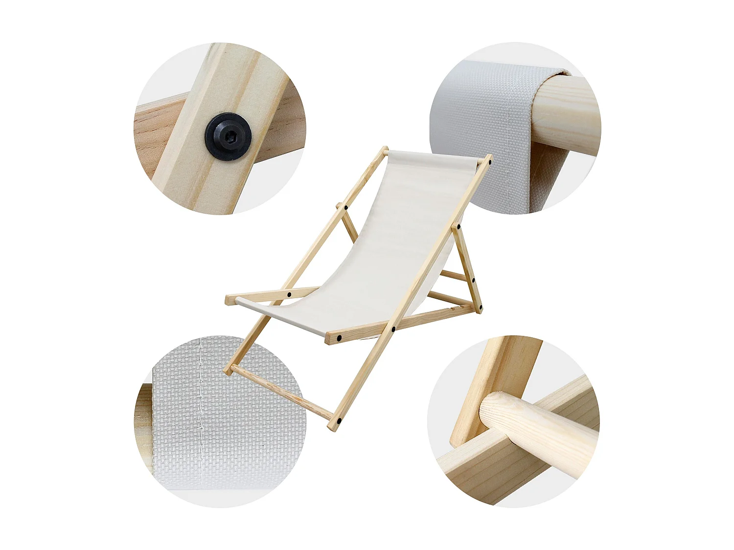 ECD Germany Set 4 sedie a sdraio beige in legno di pino, regolabile 3 posizioni, prendisole, pieghevoli, fino a 120 kg, esterno spiaggia giardino