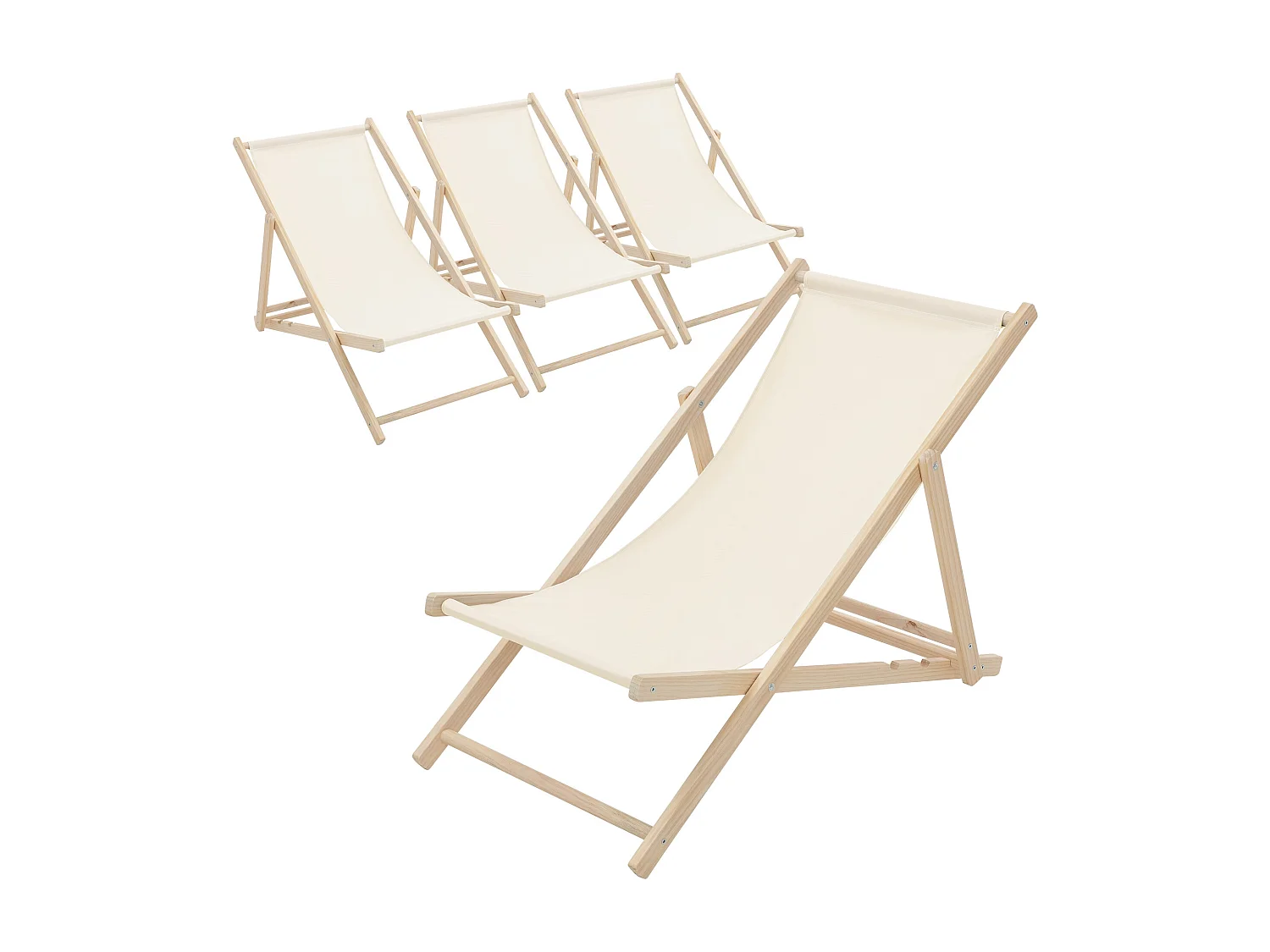 Set 4x Chaise longue de jardin pliable beige en bois chiliennes 3 positions de couchage jusqu'à 120 kg usage intérieur et extérieur balcon terrasse
