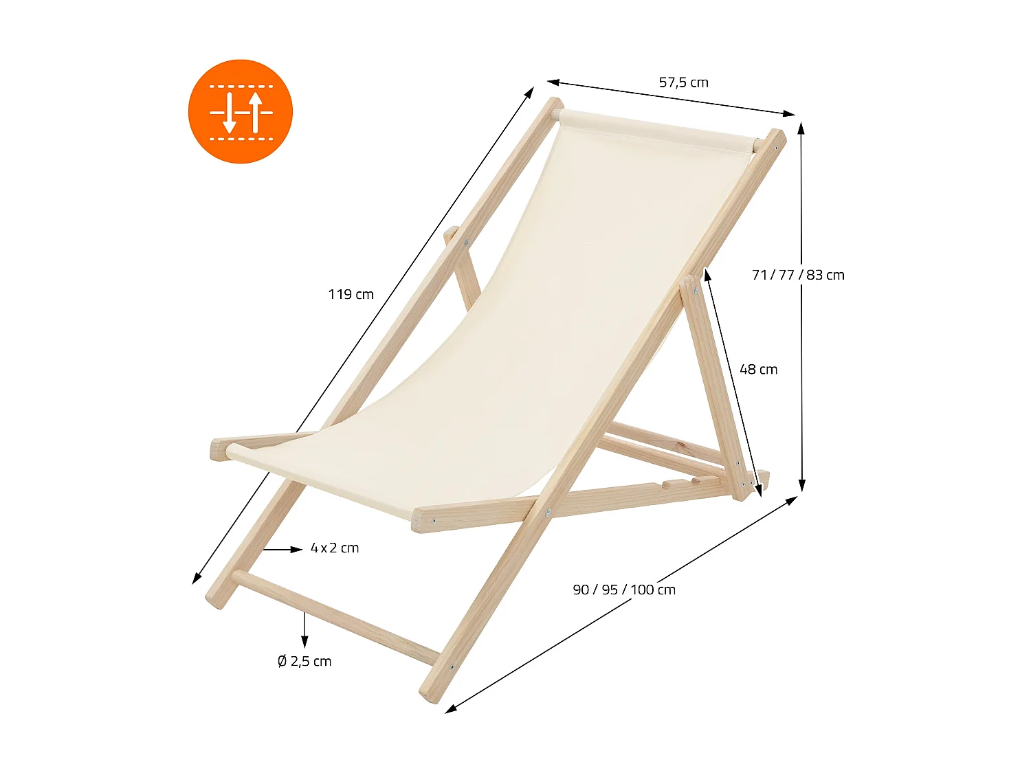 Set 4x Chaise longue de jardin pliable beige en bois chiliennes 3 positions de couchage jusqu'à 120 kg usage intérieur et extérieur balcon terrasse
