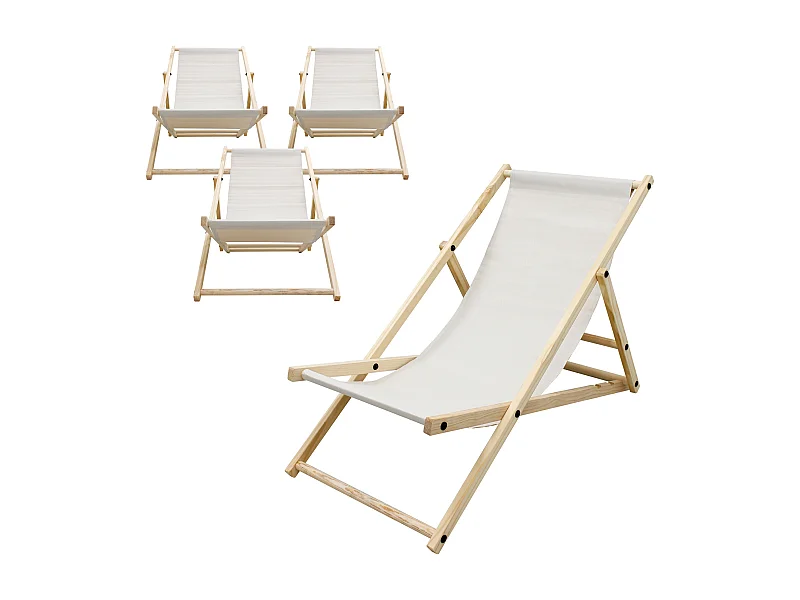 ECD Germany Set 4 sedie a sdraio beige in legno di pino, regolabile 3 posizioni, prendisole, pieghevoli, fino a 120 kg, esterno spiaggia giardino