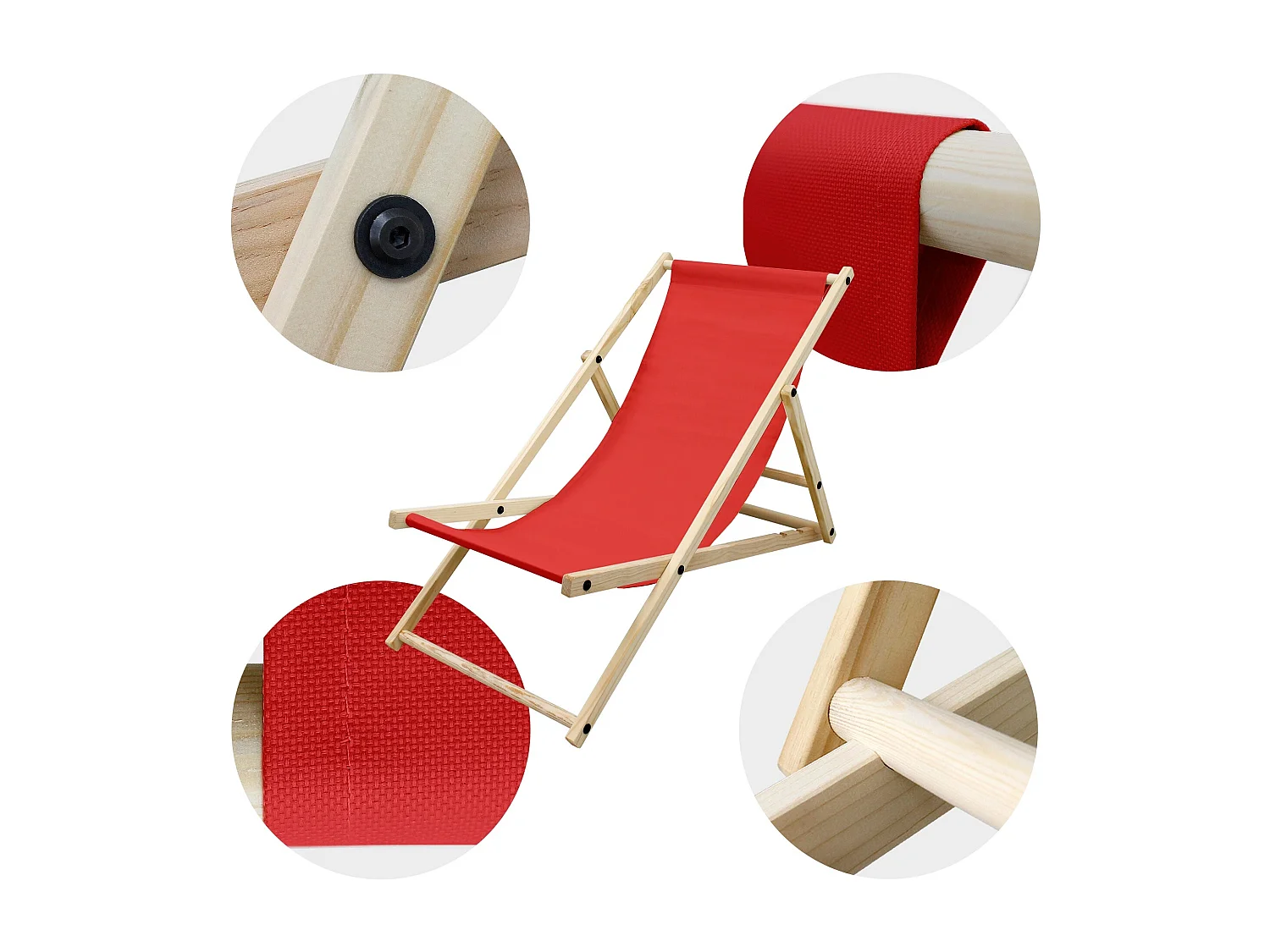 ECD Germany 4x Sillas de playa rojo madera de pino tumbona 3 posiciones de reclinación hamaca plegable con tejido oxford impermeable carga hasta 150kg
