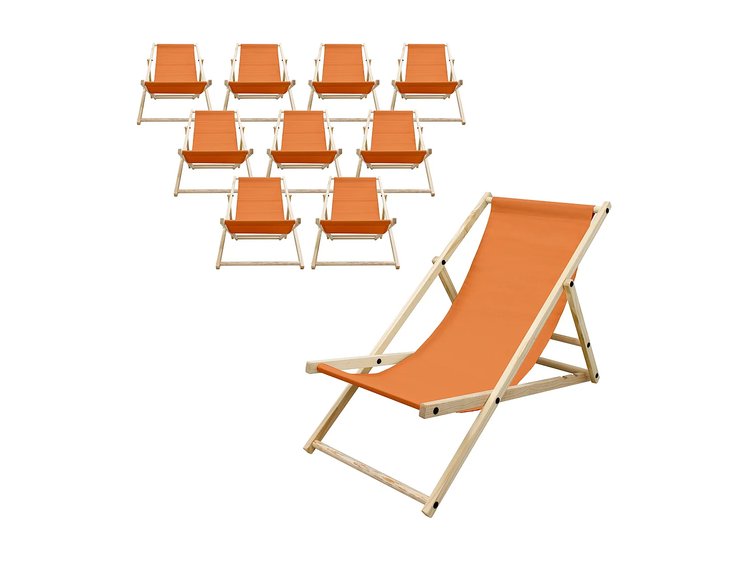Set 10x Chaise longue de jardin pliable orange en bois chiliennes 3 positions de couchage jusqu'à 120 kg usage intérieur extérieur balcon terrasse