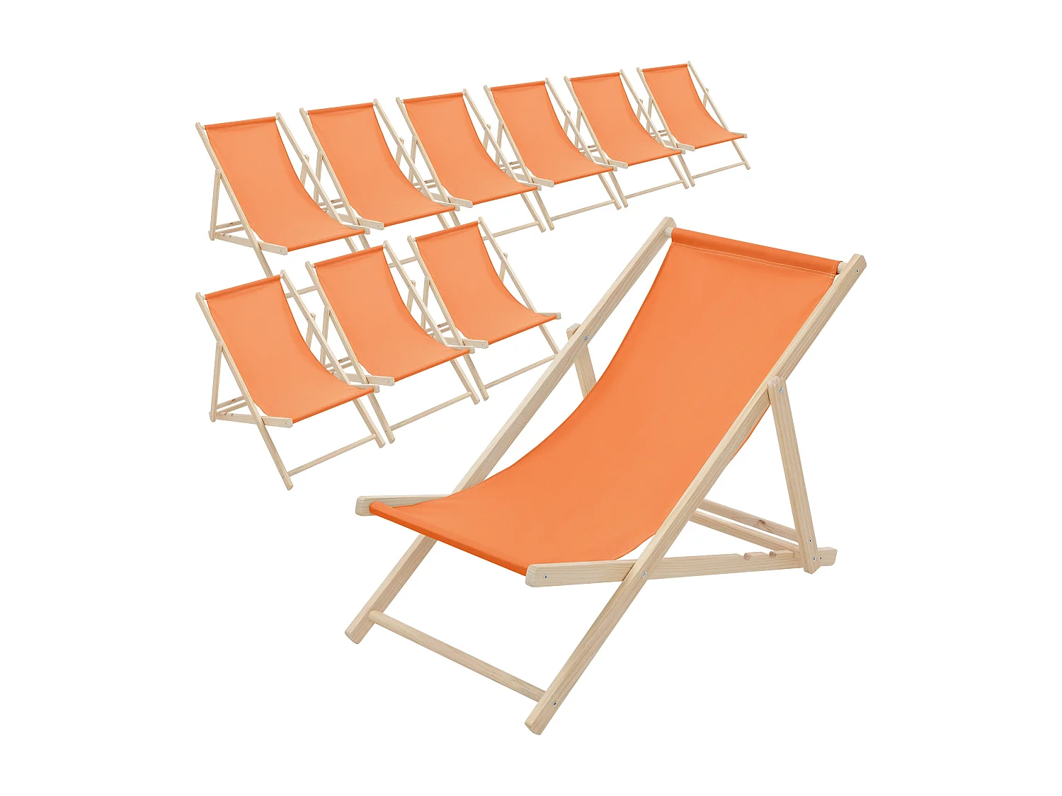 Set 10x Chaise longue de jardin pliable orange en bois chiliennes 3 positions de couchage jusqu'à 120 kg usage intérieur extérieur balcon terrasse