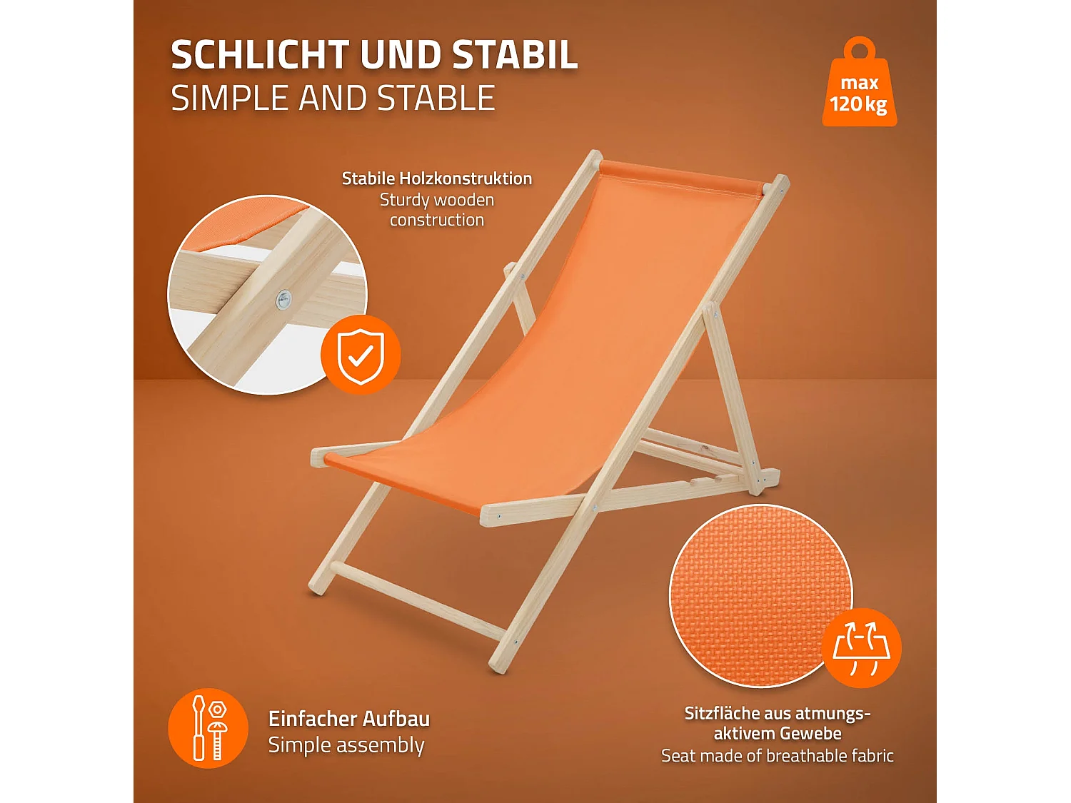 Set 10x Chaise longue de jardin pliable orange en bois chiliennes 3 positions de couchage jusqu'à 120 kg usage intérieur extérieur balcon terrasse
