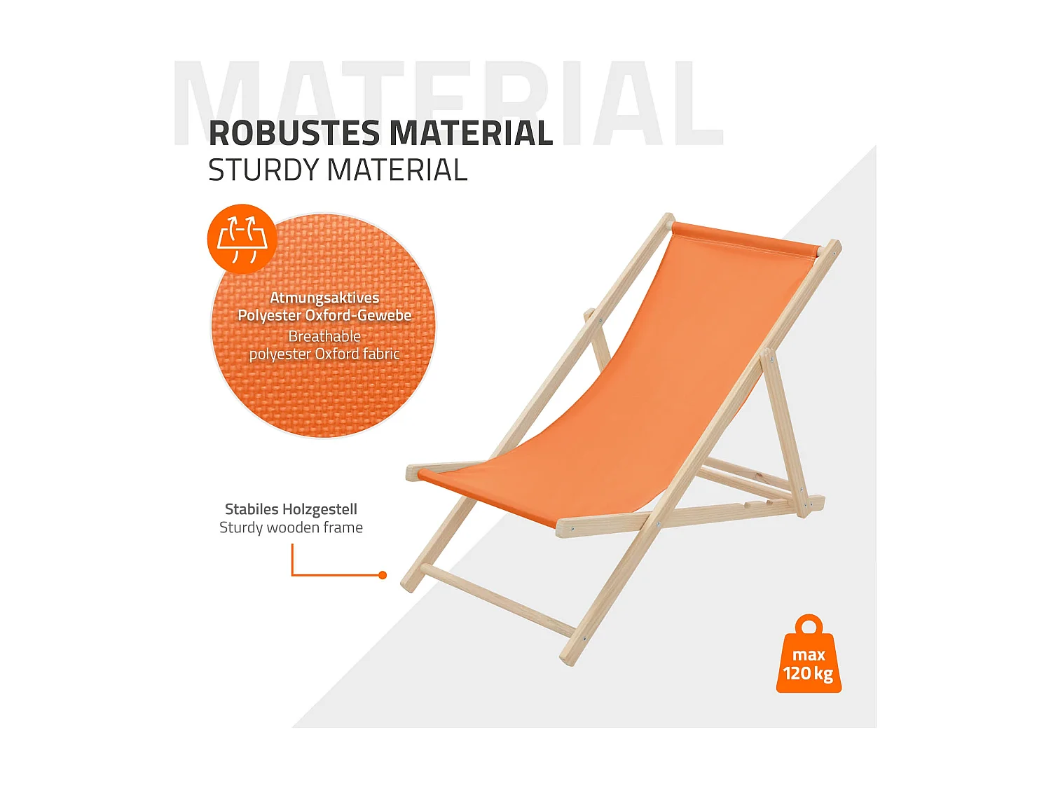 Set 10x Chaise longue de jardin pliable orange en bois chiliennes 3 positions de couchage jusqu'à 120 kg usage intérieur extérieur balcon terrasse