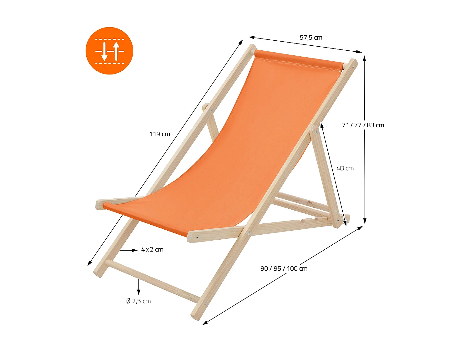 Set 10x Chaise longue de jardin pliable orange en bois chiliennes 3 positions de couchage jusqu'à 120 kg usage intérieur extérieur balcon terrasse