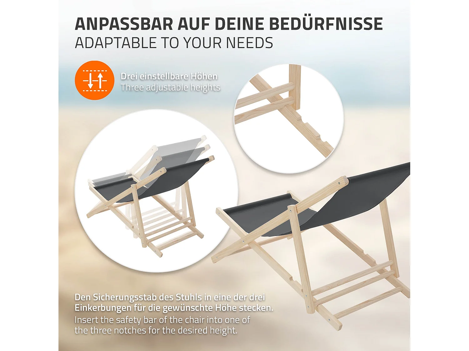 Set 4x Chaise longue de jardin pliable anthracite en bois chiliennes 3 positions de couchage jusqu'à 120 kg usage intérieur extérieur balcon terrasse