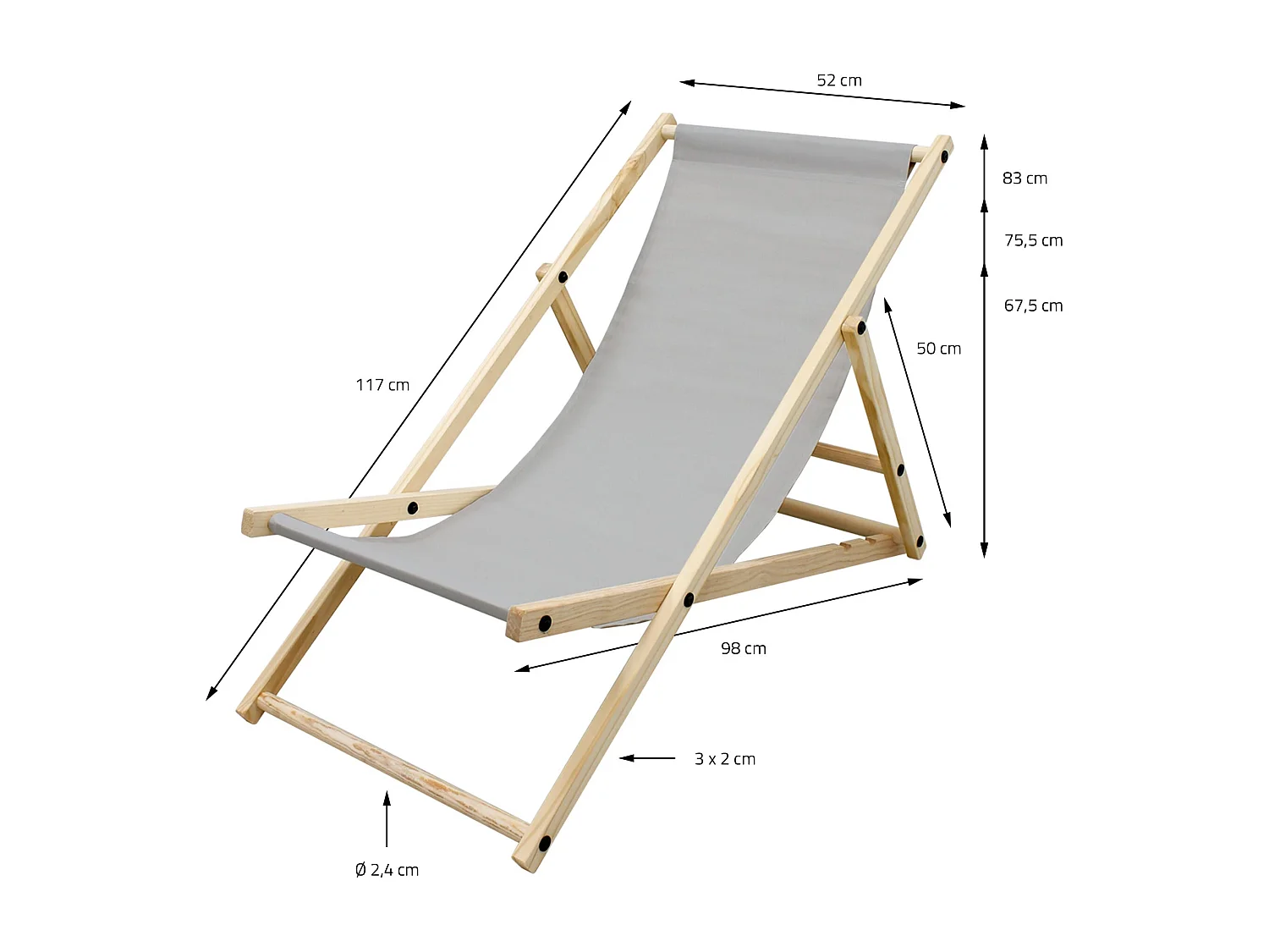 ECD Germany Set 3 sedie a sdraio grigio chiaro in legno di pino, schienale regolabile 3 posizioni, pieghevole fino a 120 kg esterno giardino spiaggia