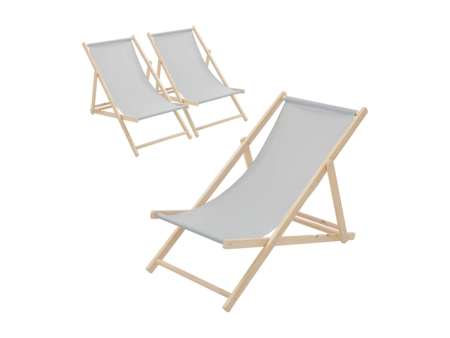 ECD Germany Set 3 sedie a sdraio grigio chiaro in legno, schienale regolabile 3 posizioni, pieghevole fino a 120 kg esterno giardino spiaggia