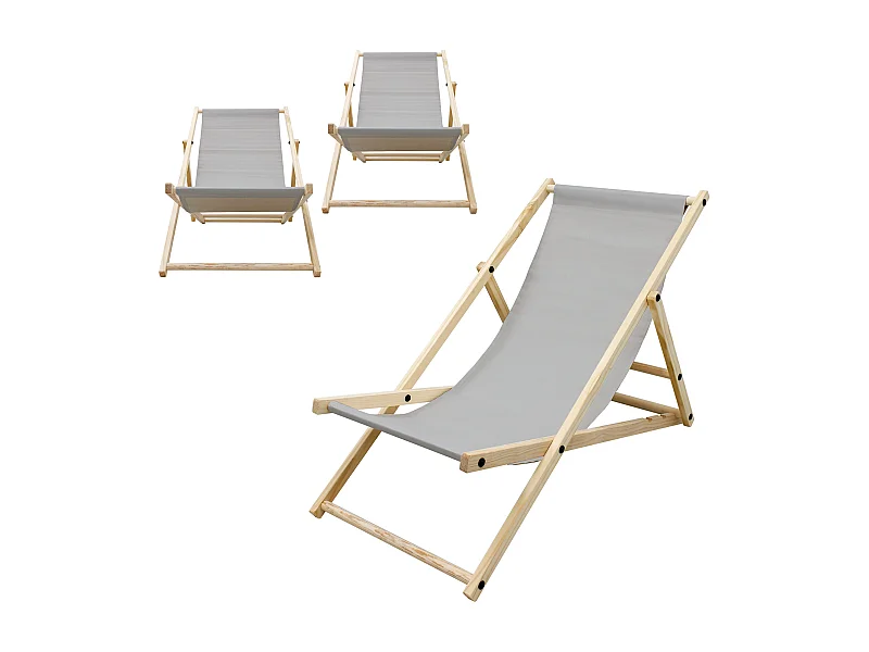 ECD Germany Set 3 sedie a sdraio grigio chiaro in legno di pino, schienale regolabile 3 posizioni, pieghevole fino a 120 kg esterno giardino spiaggia