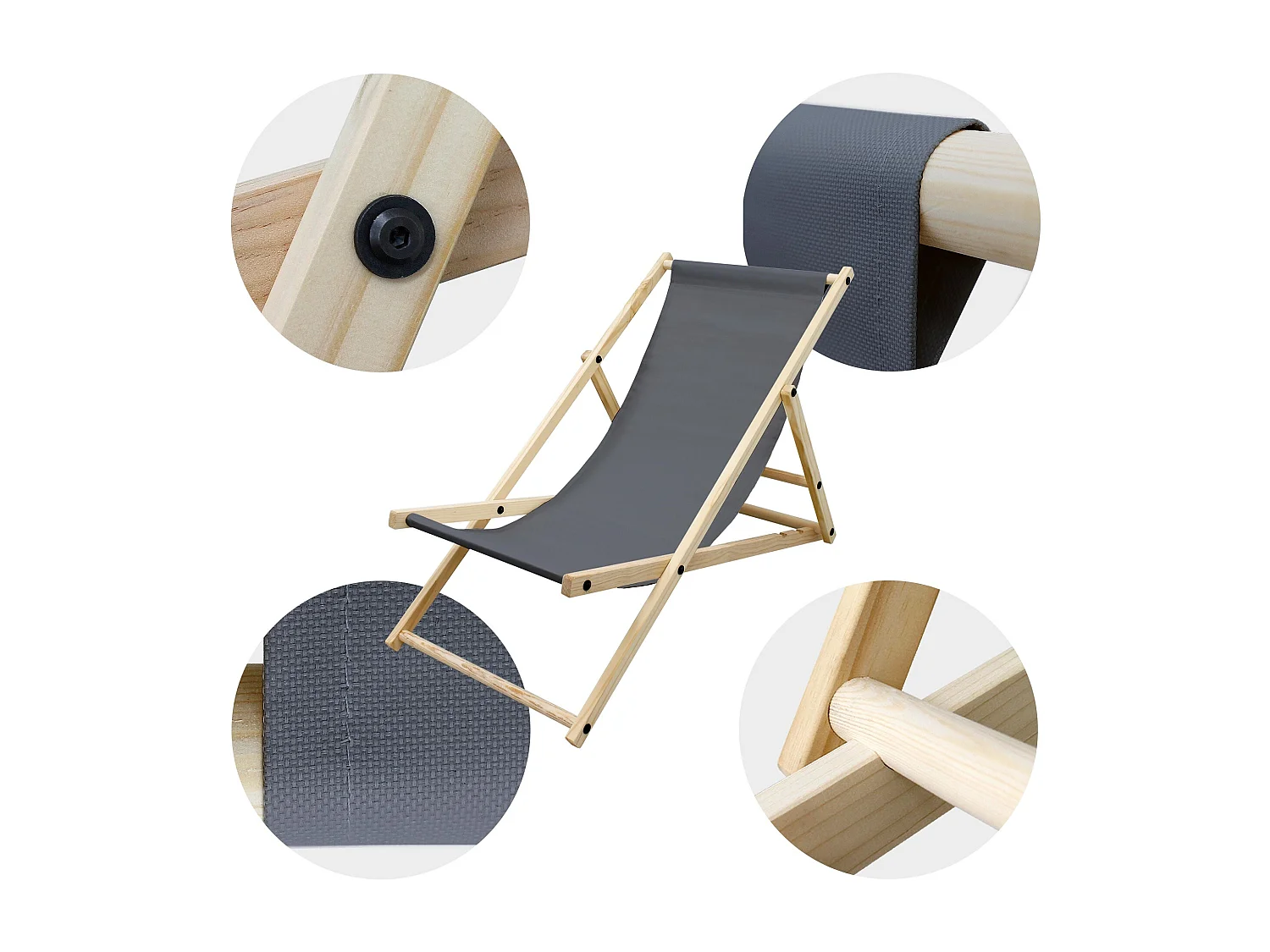 ECD Germany Set 3 sedie a sdraio antracite in legno di pino, regolabile 3 posizioni, prendisole, pieghevoli, fino a 120 kg, esterno spiaggia giardino