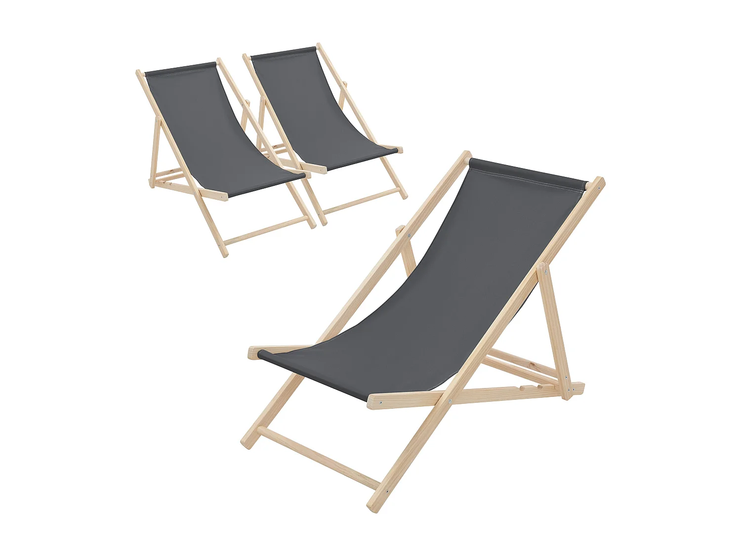 ECD Germany Set 3 sedie a sdraio antracite in legno, regolabile 3 posizioni, prendisole, pieghevoli, fino a 120 kg, esterno spiaggia giardino, balcone