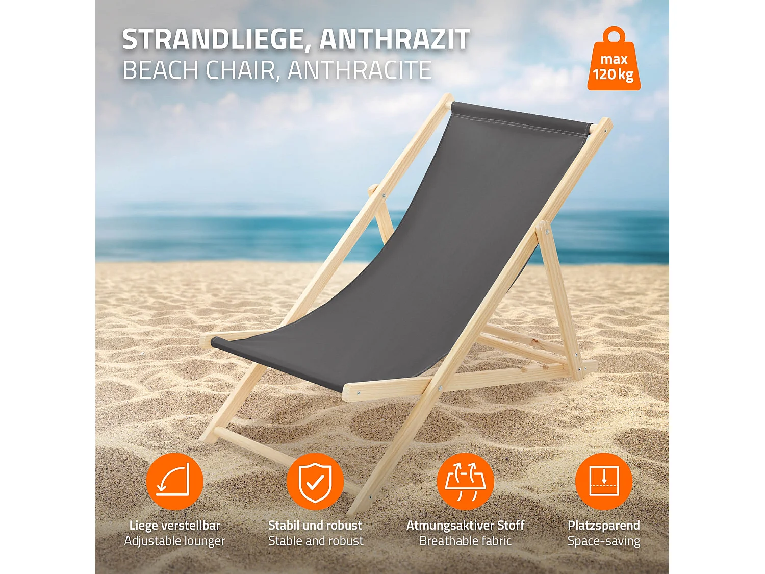 ECD Germany Set 3 sedie a sdraio antracite in legno, regolabile 3 posizioni, prendisole, pieghevoli, fino a 120 kg, esterno spiaggia giardino, balcone