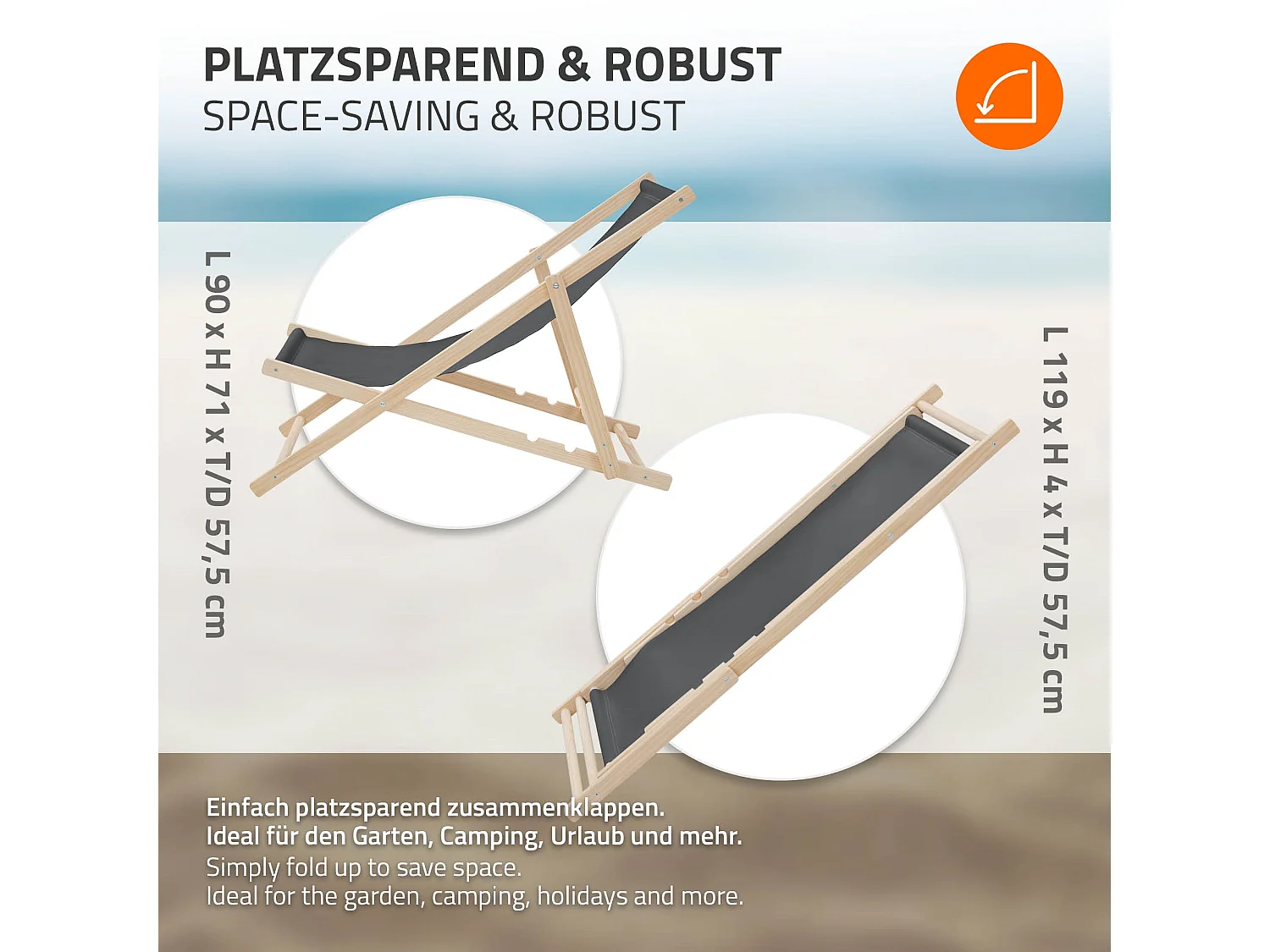 ECD Germany Set 3 sedie a sdraio antracite in legno, regolabile 3 posizioni, prendisole, pieghevoli, fino a 120 kg, esterno spiaggia giardino, balcone