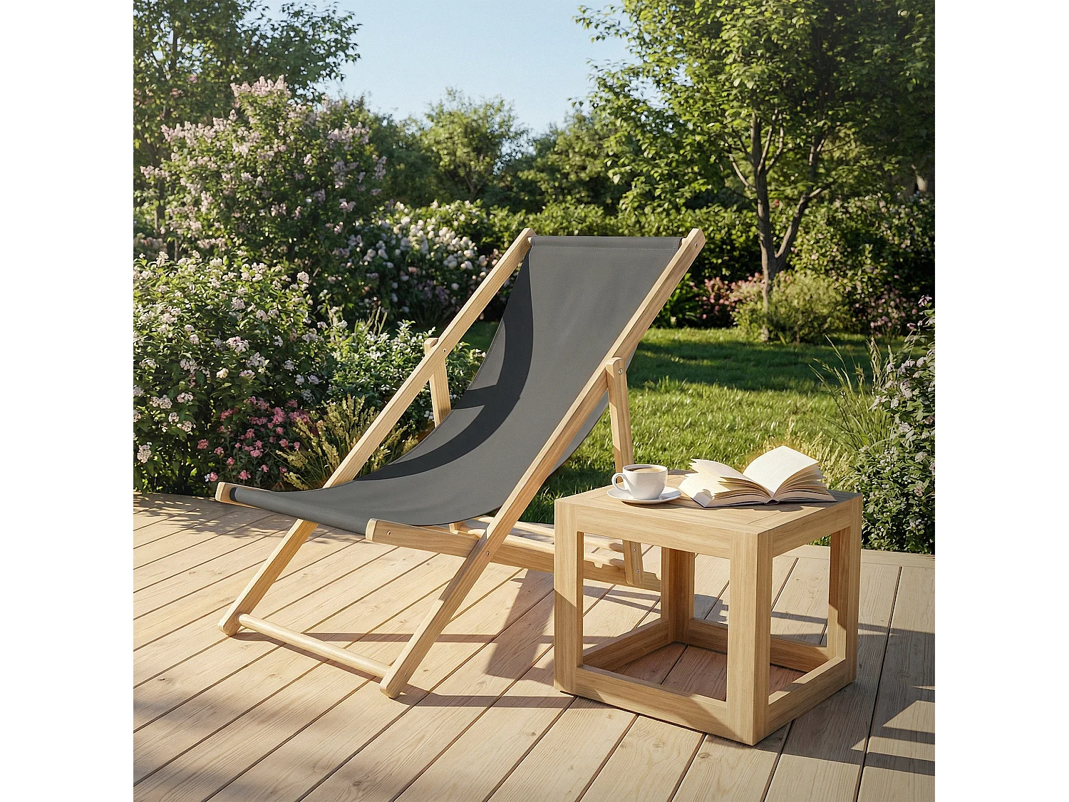 ECD Germany Set 3 sedie a sdraio antracite in legno, regolabile 3 posizioni, prendisole, pieghevoli, fino a 120 kg, esterno spiaggia giardino, balcone