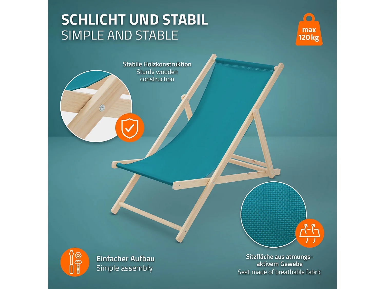 ECD Germany Set 5 sedie a sdraio petrolio in legno, schienale regolabile 3 posizioni, pieghevole fino a 120 kg esterno giardino spiaggia balcone