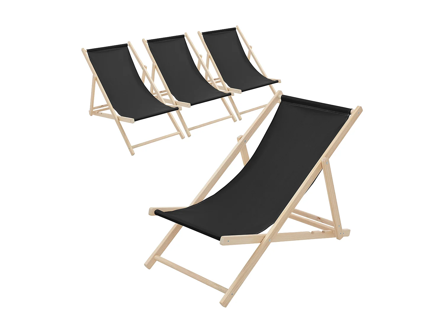 Set 4x Chaise longue de jardin pliable noir en bois chiliennes 3 positions de couchage  jusqu'à 120 kg usage intérieur et extérieur balcon terrasse