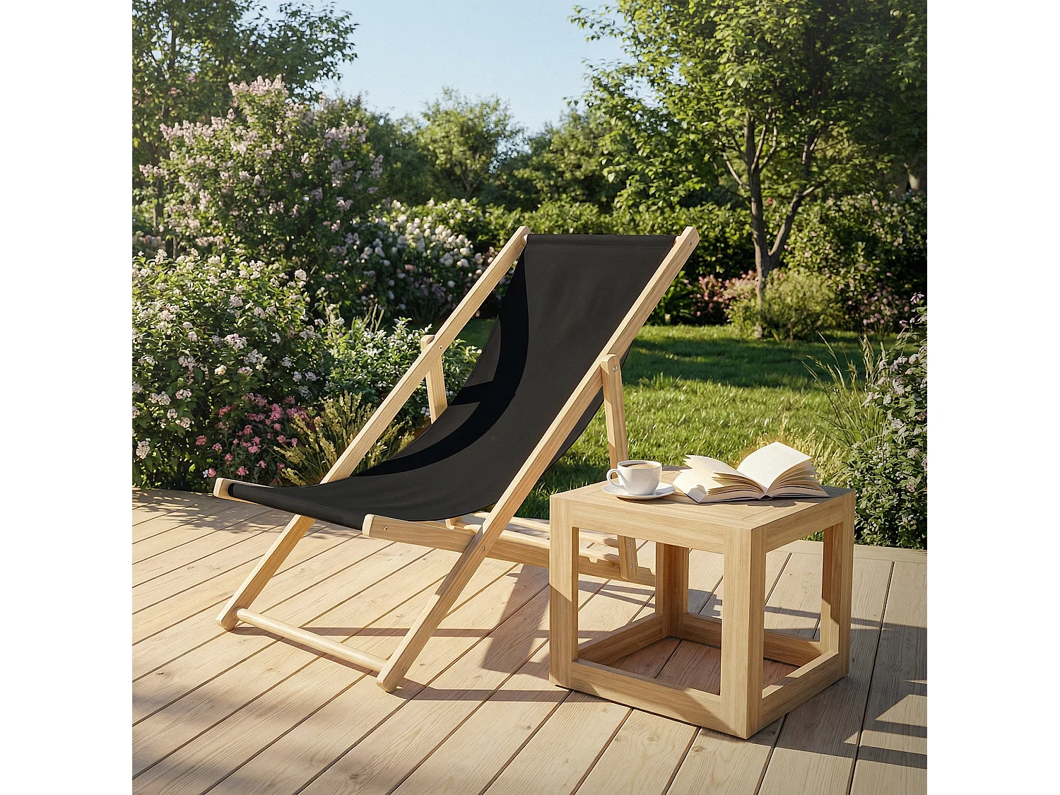 Set 4x Chaise longue de jardin pliable noir en bois chiliennes 3 positions de couchage  jusqu'à 120 kg usage intérieur et extérieur balcon terrasse