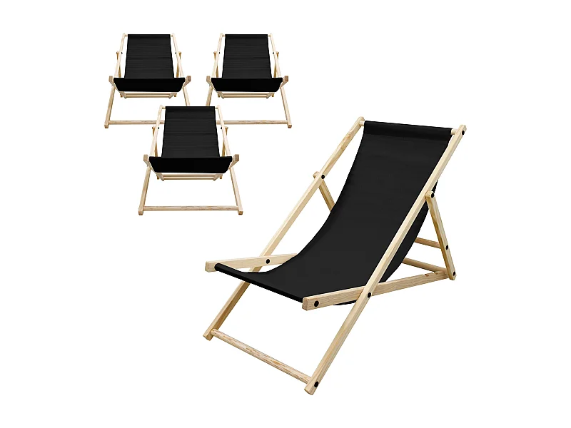 Set 4x Chaise longue de jardin pliable noir en bois chiliennes 3 positions de couchage  jusqu'à 120 kg usage intérieur et extérieur balcon terrasse