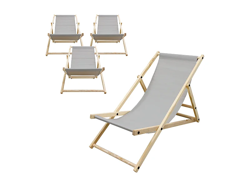ECD Germany Set 4 sedie a sdraio grigio chiaro in legno di pino, schienale regolabile 3 posizioni, pieghevole fino a 120 kg esterno giardino spiaggia