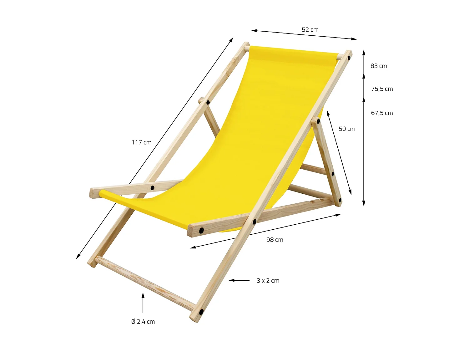 ECD Germany Set 4 sedie a sdraio gialle in legno di pino, regolabile 3 posizioni, prendisole, pieghevoli, fino a 120 kg, esterno spiaggia giardino