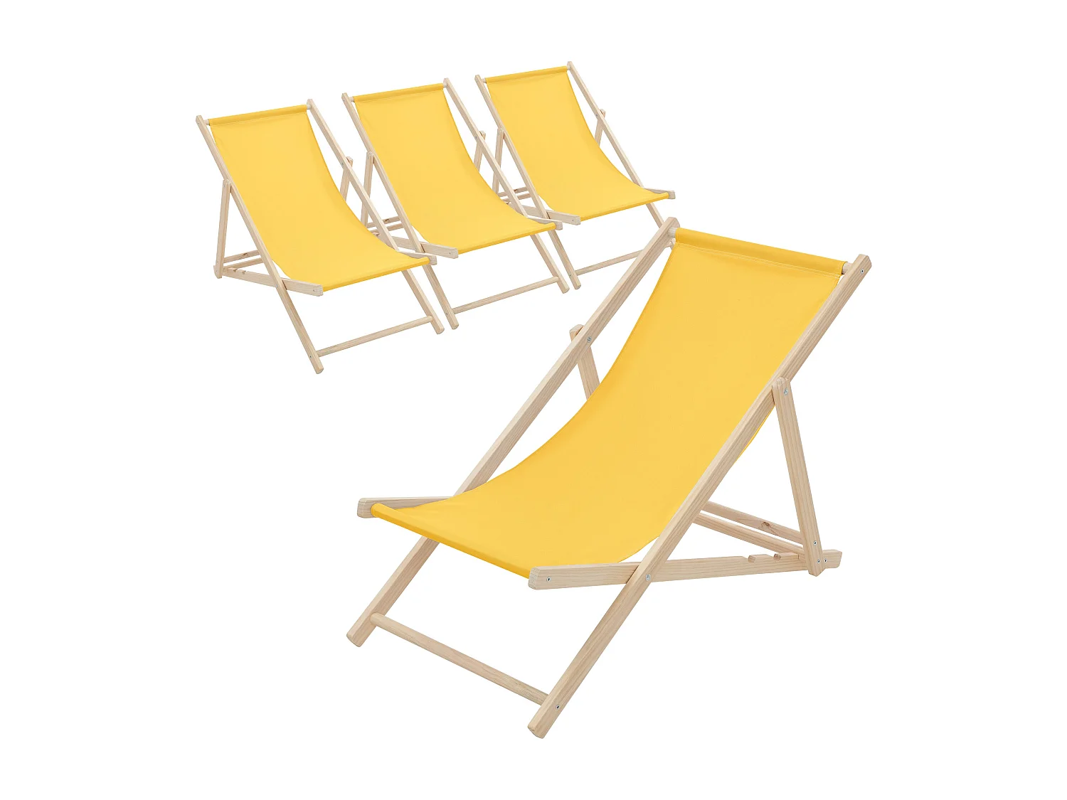 Set 4x Chaise longue de jardin pliable jaune en bois chiliennes 3 positions de couchage  jusqu'à 120 kg usage intérieur et extérieur balcon terrasse