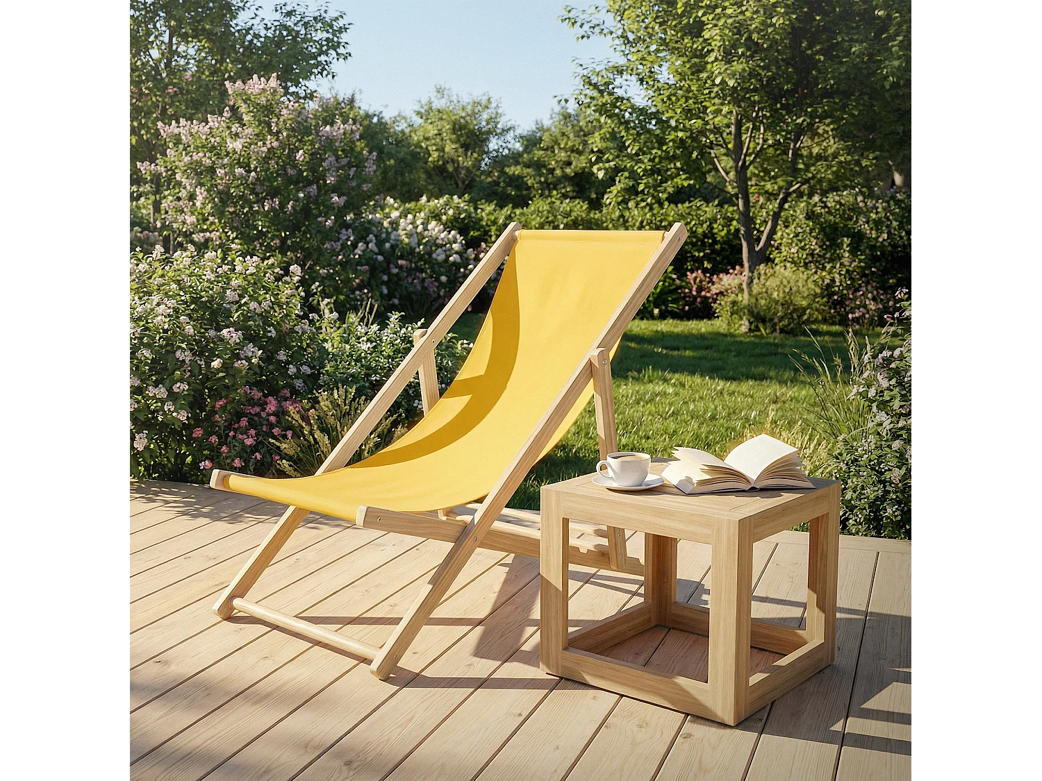 Set 4x Chaise longue de jardin pliable jaune en bois chiliennes 3 positions de couchage  jusqu'à 120 kg usage intérieur et extérieur balcon terrasse
