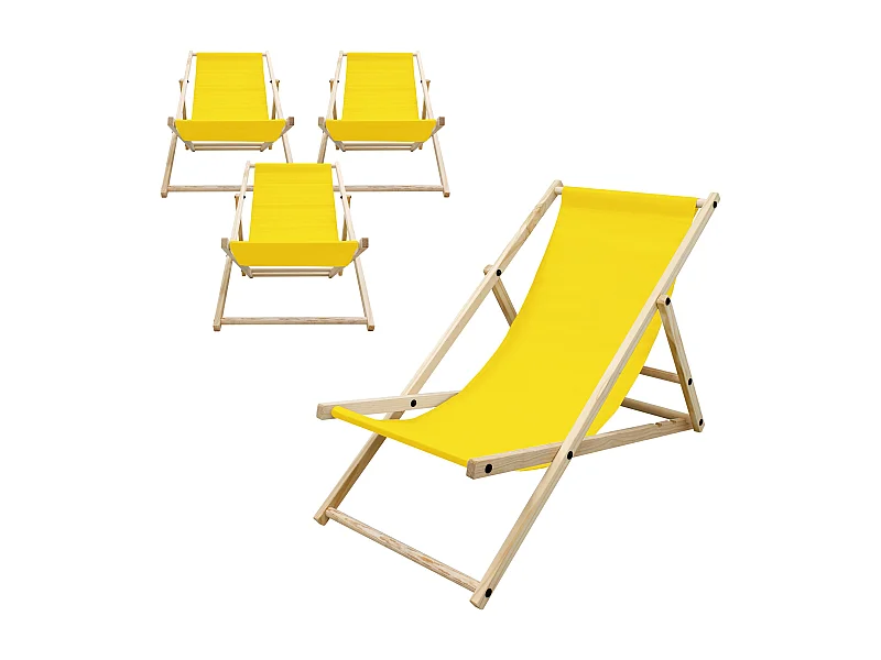 ECD Germany Set 4 sedie a sdraio gialle in legno di pino, regolabile 3 posizioni, prendisole, pieghevoli, fino a 120 kg, esterno spiaggia giardino