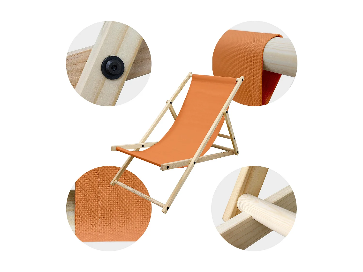 ECD Germany Set 4 sedie a sdraio arancione in legno di pino, regolabile 3 posizioni, prendisole, pieghevoli, fino a 120 kg, esterno spiaggia giardino