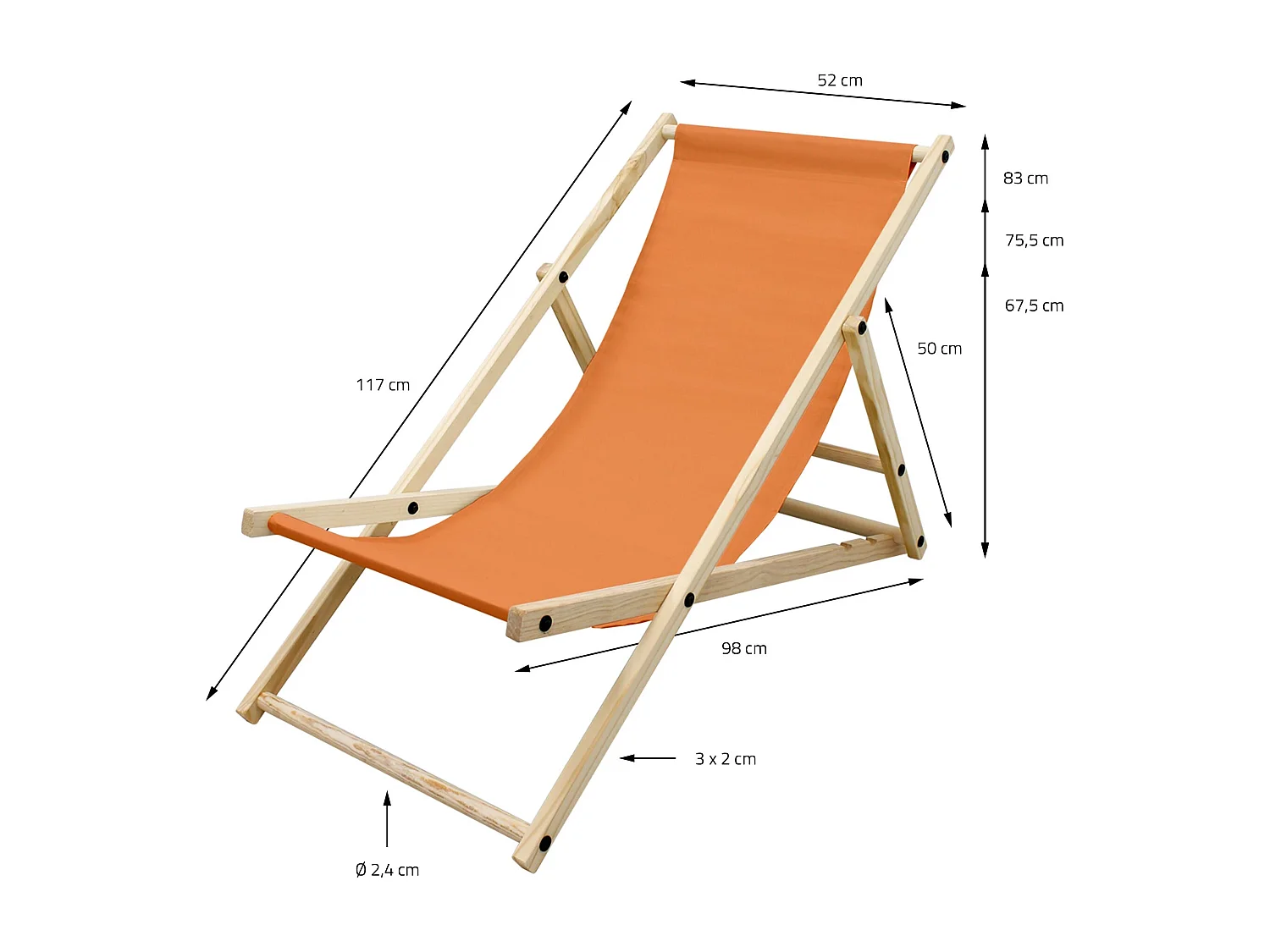 ECD Germany Set 4 sedie a sdraio arancione in legno di pino, regolabile 3 posizioni, prendisole, pieghevoli, fino a 120 kg, esterno spiaggia giardino