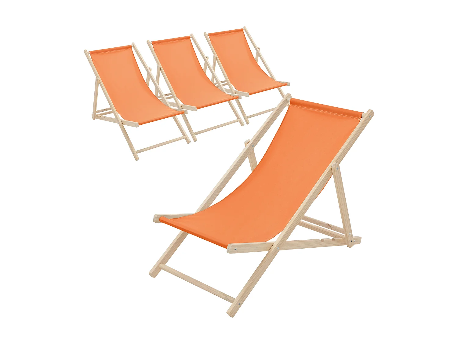 Set 4x Chaise longue de jardin pliable orange en bois chiliennes 3 positions de couchage jusqu'à 120 kg usage intérieur extérieur balcon terrasse