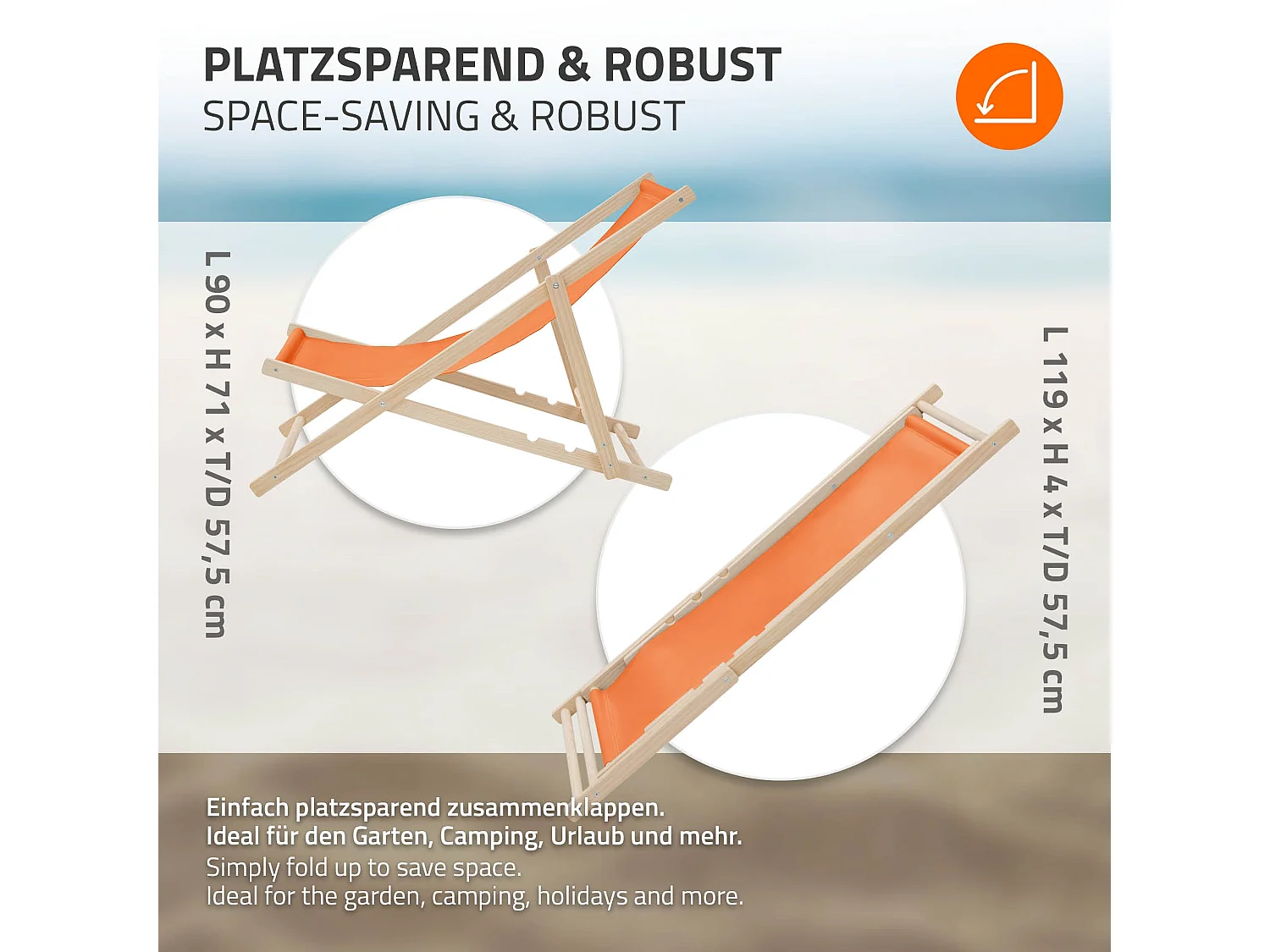 Set 4x Chaise longue de jardin pliable orange en bois chiliennes 3 positions de couchage jusqu'à 120 kg usage intérieur extérieur balcon terrasse