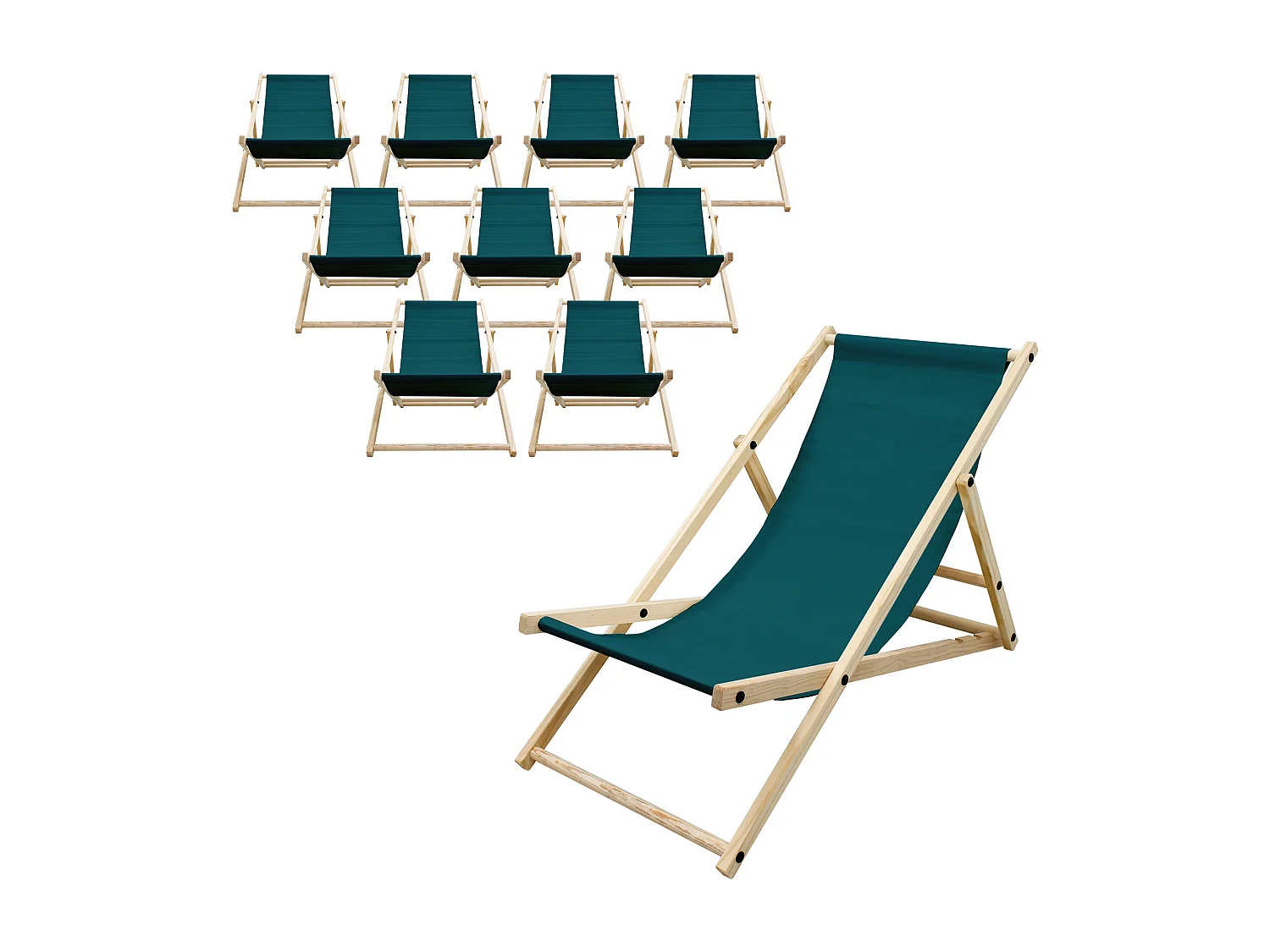 Set 10x Chaise longue de jardin pliable vert en bois chiliennes 3 positions de couchage  jusqu'à 120 kg usage intérieur et extérieur balcon terrasse