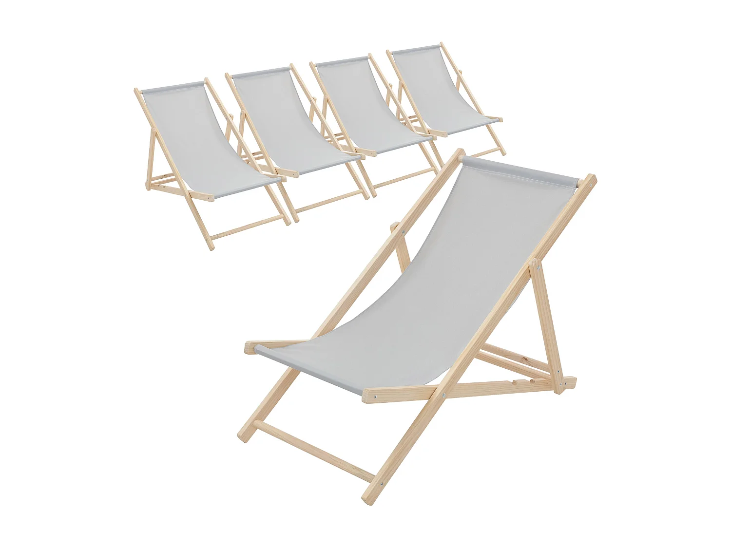 ECD Germany Set 5 sedie a sdraio grigio chiaro in legno, schienale regolabile 3 posizioni, pieghevole fino a 120 kg esterno giardino spiaggia