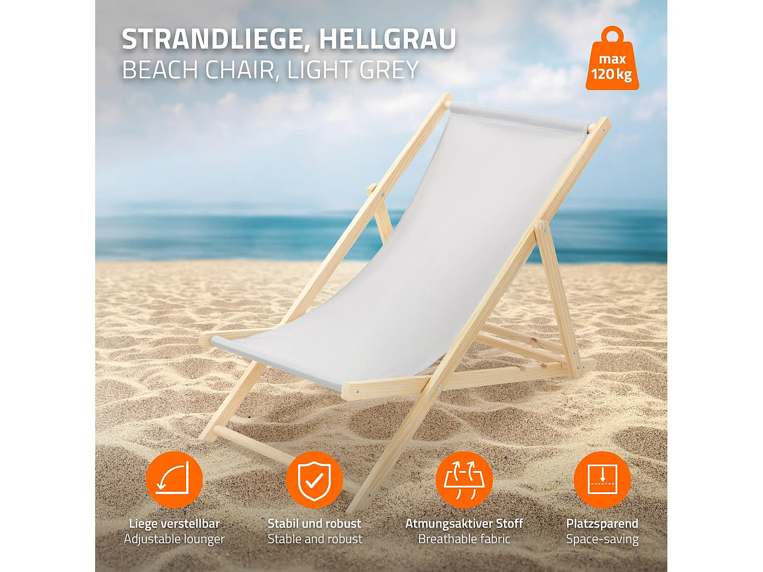 ECD Germany Set 5 sedie a sdraio grigio chiaro in legno, schienale regolabile 3 posizioni, pieghevole fino a 120 kg esterno giardino spiaggia