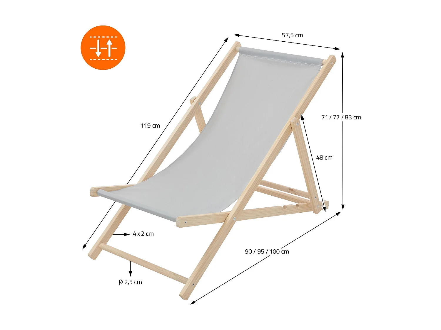 ECD Germany Set 5 sedie a sdraio grigio chiaro in legno, schienale regolabile 3 posizioni, pieghevole fino a 120 kg esterno giardino spiaggia